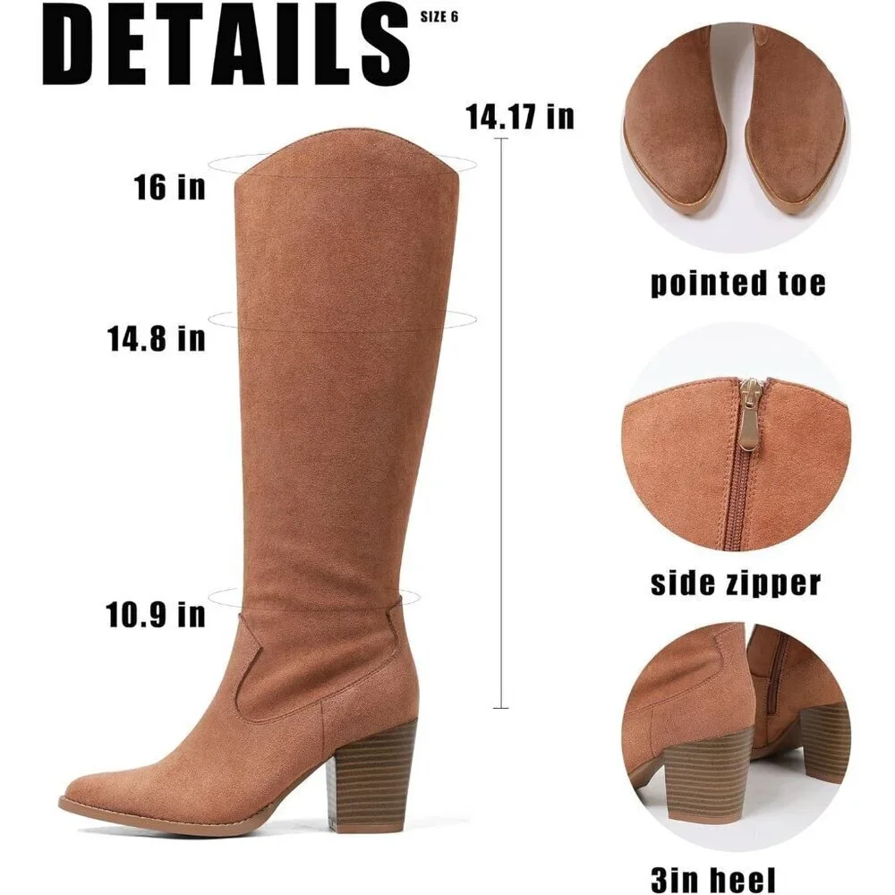 🆕Women Suede Lightbrown Side Zipper Knee High Pointed Toe Chunky Heel Tall Boot